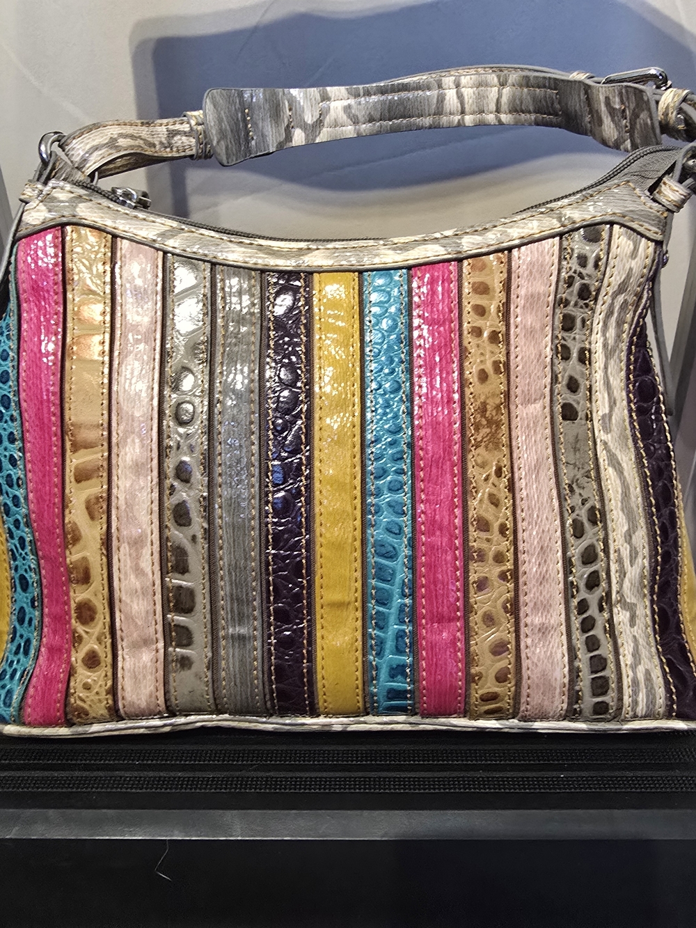 Madi Claire Striped Multicolor Leather Shoulder Bag - Pink, Turquoise & Yellow